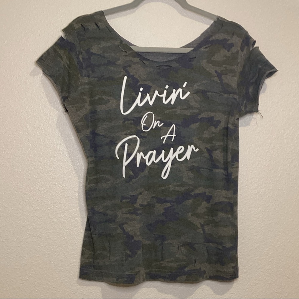 Camo Ripped Scoop Neck Graphic Shirt